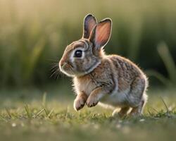 ai generato foto di un' bambino coniglio Hopping attraverso un' prato suo naso spasmi e suo orecchie perked su. ai generato