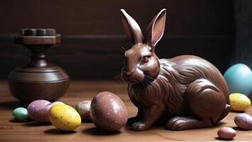 ai generato foto di su un' di legno tavolo un' cioccolato Pasqua coniglio è Tenere pesante pesi composizione Pasqua quello include. ai generato