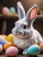 ai generato foto di contento Pasqua coniglietto con molti colorato Pasqua uova. ai generato