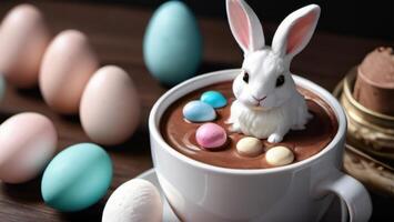 ai generato foto di minimalista Pasqua cartolina con dolce caldo cioccolato marshmallow coniglietto conigli e pastello Pasqua uova. ai generato