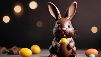 ai generato foto di carino Pasqua coniglietto fatto di cioccolato con cioccolato uova. ai generato