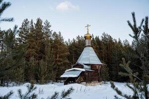 ortodosso Chiesa cappella sta nel il inverno foresta. Russia Epifania gelate. un' posto per preghiera. il vecchio Chiesa è perso nel il taiga. silenzioso Posizione foto