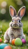 ai generato foto di un' piccolo allegro Pasqua coniglietto si siede su un' verde prato con Pasqua uova. ai generato
