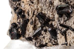 macro minerale pietra schorl, nero tormalina su il feldspato su un' bianca sfondo foto