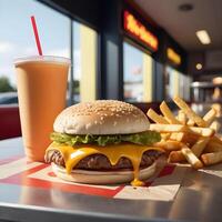 veloce cibo hamburger, patatine fritte e bevanda foto