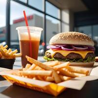 veloce cibo hamburger, patatine fritte e bevanda foto