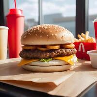 veloce cibo hamburger, patatine fritte e bevanda foto