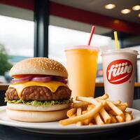 veloce cibo hamburger, patatine fritte e bevanda foto