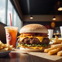 veloce cibo hamburger, patatine fritte e bevanda foto