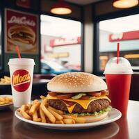 veloce cibo hamburger, patatine fritte e bevanda foto