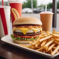 veloce cibo hamburger, patatine fritte e bevanda foto