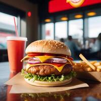 veloce cibo hamburger, patatine fritte e bevanda foto