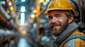 ai generato ritratto di un' contento maschio lavoratore nel uniforme e elmetto protettivo sorridente a telecamera mentre in piedi nel fabbrica foto