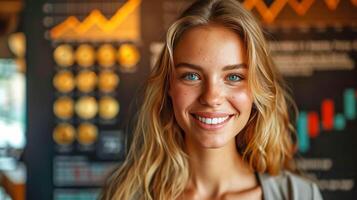 ai generato ritratto di sorridente giovane donna utilizzando digitale tavoletta mentre in piedi nel bar e pile di oro monete foto