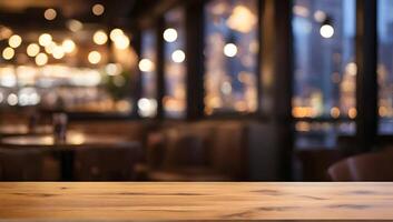 ai generato vuoto di legno tavolo superiore con bokeh luci nel sfocatura ristorante sfondo. foto