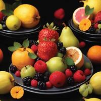 ai generato fresco frutta su un' piatto nero sfondo foto