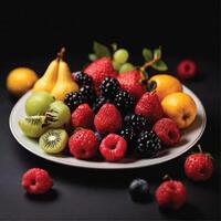 ai generato fresco frutta su un' piatto nero sfondo foto