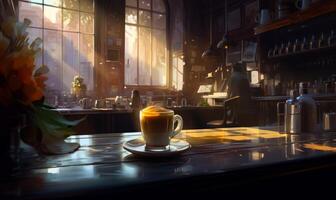 ai generato tazza di caffè si siede su contatore nel buio illuminata dal sole caffè negozio. foto