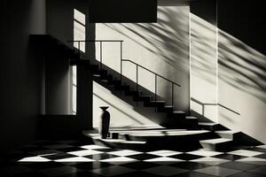 ai generato nero e bianca tiro di scale. uomo sta nel nero e bianca camera con scala e scacchiera pavimento. foto