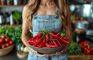 ai generato giovane donna detiene ciotola di rosso caldo chili peperoni nel sua mani nel il cucina. foto