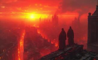 ai generato Due uomini In piedi su il tetto di il distrutto città e orologio a il ardente tramonto. apocalittico paesaggio foto