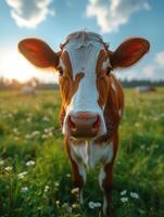 ai generato il vitello su estate pascolo. mucca è in piedi nel un' verde campo nel il primavera foto