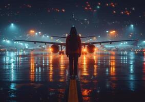 ai generato donna in piedi su bagnato aeroporto pista di decollo a notte foto