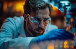 ai generato scienziato Lavorando nel laboratorio nel medico campo. un' uomo indossare un' bianca laboratorio cappotto accuratamente osserva un' sostanza nel un' laboratorio ambientazione. foto