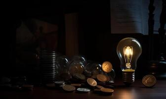 ai generato leggero lampadina e monete su tavolo foto