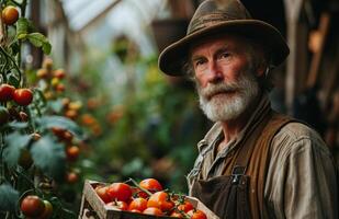 ai generato anziano uomo in crescita pomodori nel serra su azienda agricola foto