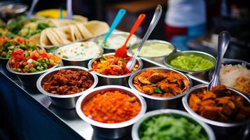 ai generato un' colorato assortimento di messicano strada cibo visualizzato a un' cibo carrello foto