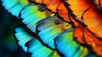 ai generato iper Ingrandisci avvicinamento di un' colorato di farfalla ala foto