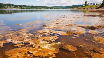 ai generato un' inquinata lago con un' di spessore strato di Marrone alghe su il dell'acqua superficie foto