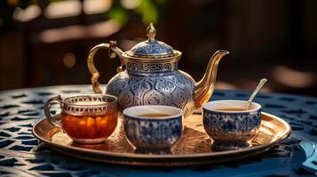 ai generato un' tradizionale marocchino tè cerimonia con ornato teiere e bicchieri foto