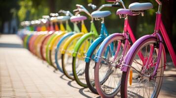 ai generato color arcobaleno biciclette parcheggiata nel un' riga foto