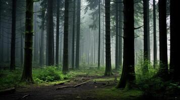 ai generato un' denso, nebbioso foresta avvolto nel mistero foto