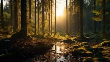 ai generato tranquillo foresta scena con il di sole caldo raggi filtraggio attraverso il alberi foto