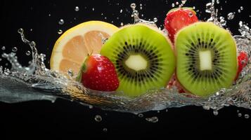 ai generato un' Kiwi fetta fabbricazione un' vivace spruzzo nel un' frutta insalata foto