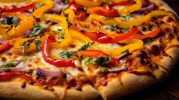 ai generato un' avvicinamento di un' vegetariano Pizza con colorato campana peperoni foto