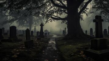 ai generato misterioso lunatico nebbia nel un vecchio cimitero foto