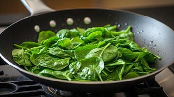 ai generato un' lanciare di spinaci le foglie nel un' caldo padella foto