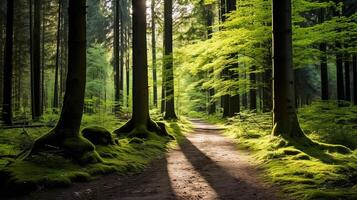 ai generato un' silenzioso foresta sentiero con screziata luce del sole foto