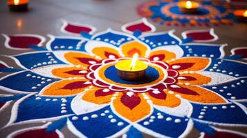 ai generato avvicinamento di un' rangoli design durante Diwali foto
