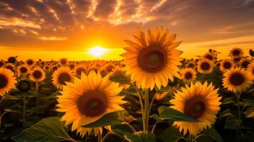 ai generato il d'oro leggero su un' campo di girasoli foto