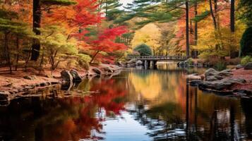 ai generato un' tranquillo stagno circondato di autunno fogliame per un' di stagione atmosfera foto
