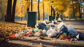 ai generato littering nel città parco con traboccante spazzatura bidoni foto