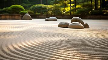 ai generato un' zen giardino con rocce e sabbia disposte nel un' calmante modello foto