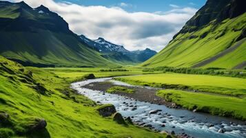 ai generato un' lussureggiante, verde valle con un' avvolgimento montagna ruscello foto