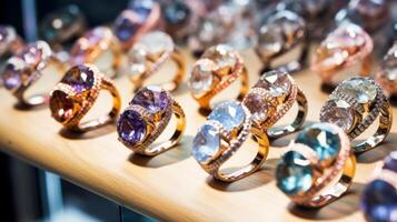 ai generato scintillante pietra preziosa anelli nel un' gioielleria boutique foto