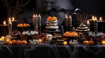 ai generato un' Halloween dolce tavolo con spaventoso ossequi foto